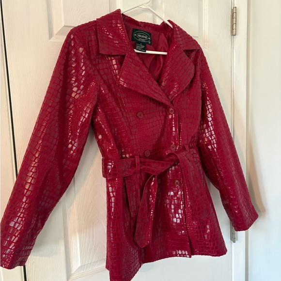 Selene Sport Red Croc Embossed Belted Jacket S | Faux Leather Trench Style - Picture 4 of 8